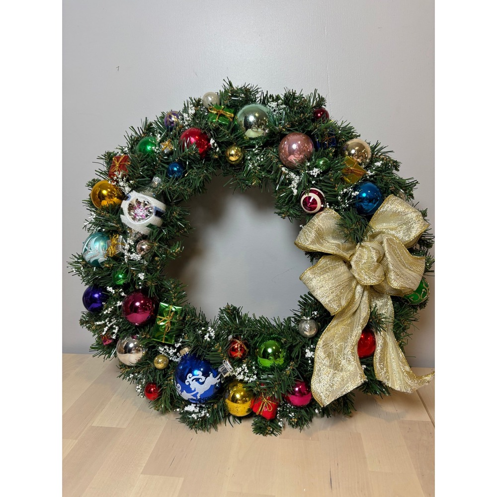 Vintage Handmade Christmas Wreath Gold Bow Glass Ornaments Reindeer Decor